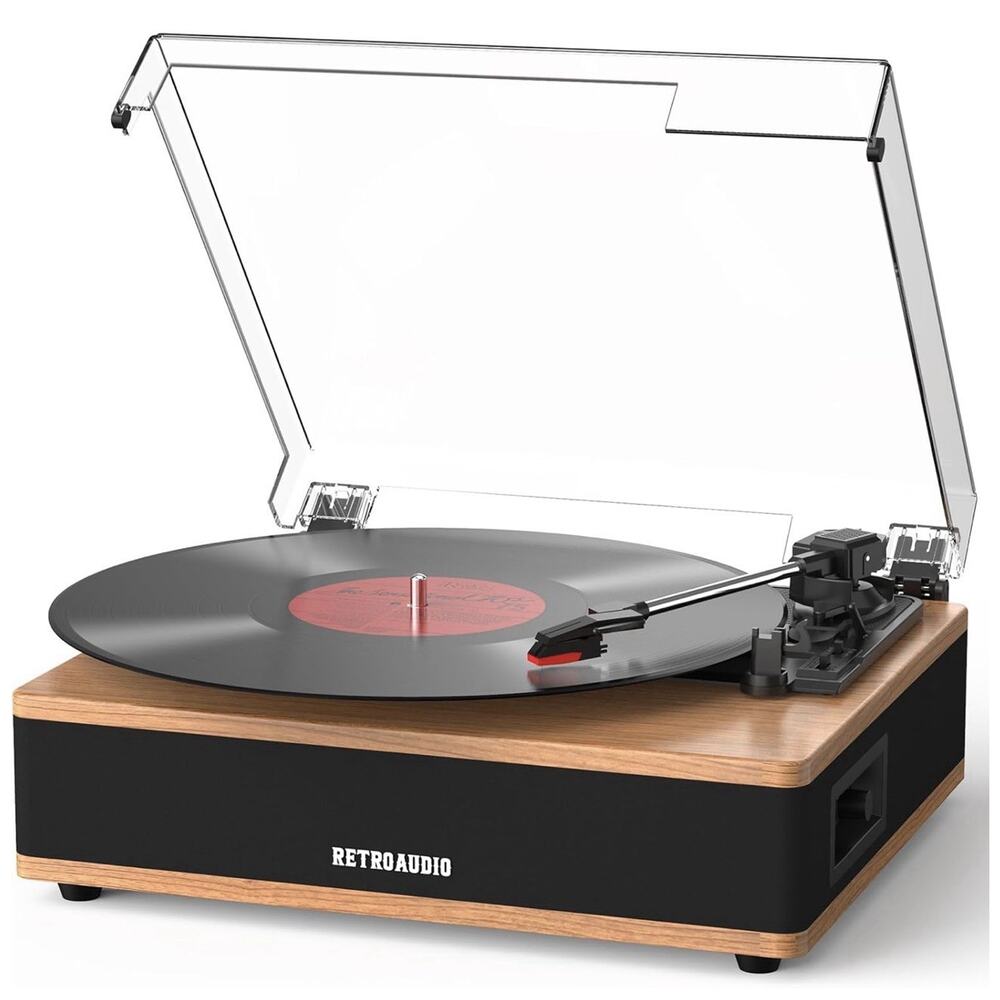 RetroAudio Bluetooth Vinyl Record Player Turntable 3 Speed Walnut New